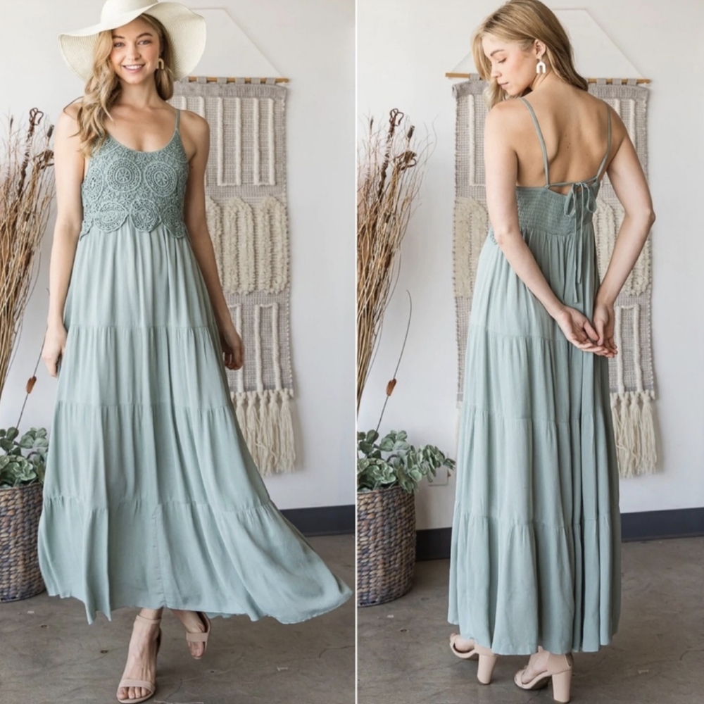 LAST ONE! Gorgeous Sage Green Long Maxi Dress w/ Crochet Lace and Smocked Detail - Picture 2 of 5